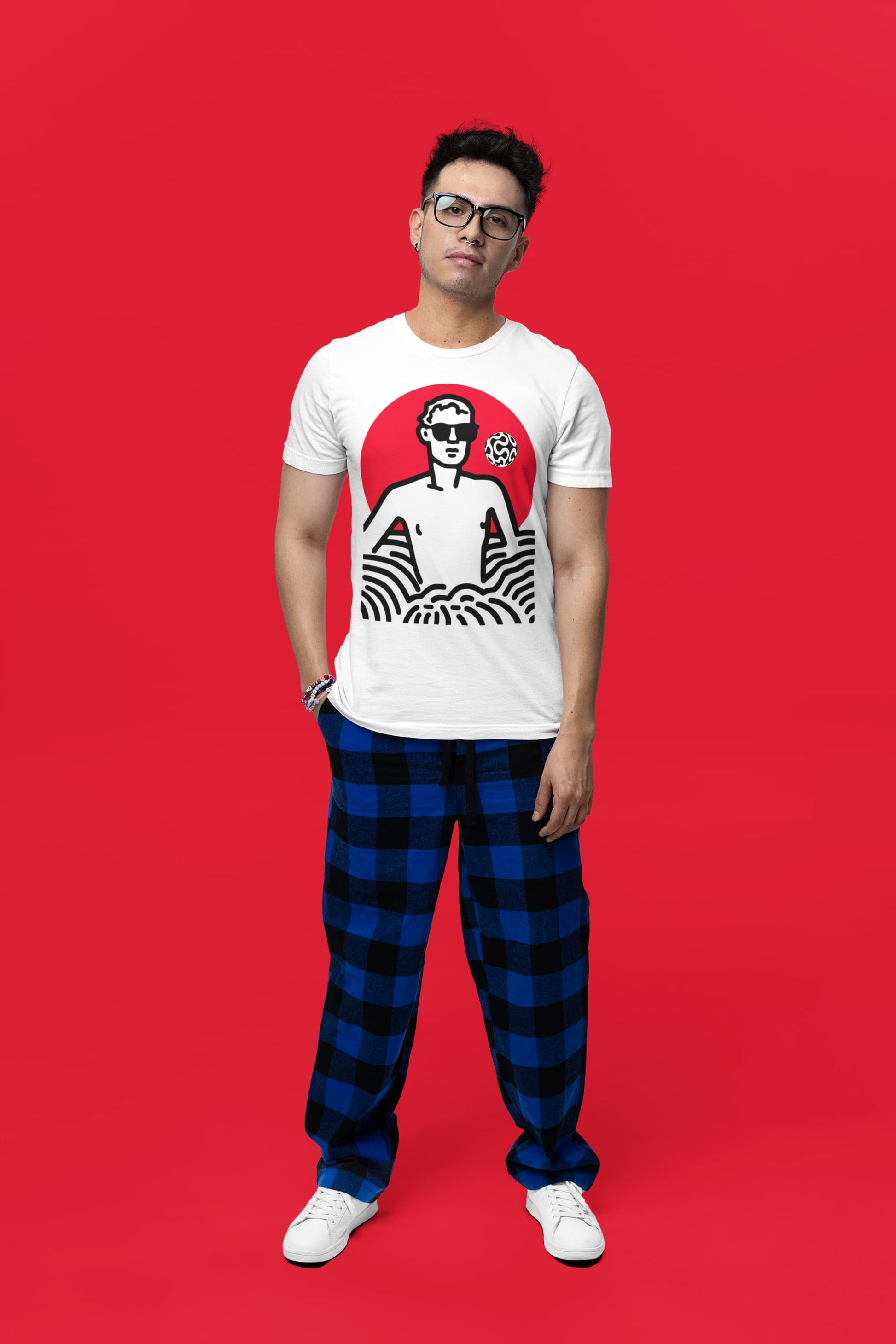 Red Dawn Japanese t-shirt bold red sun figure wave patterns minimal design
