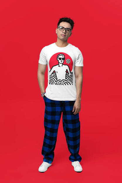 Red Dawn Japanese t-shirt bold red sun figure wave patterns minimal design
