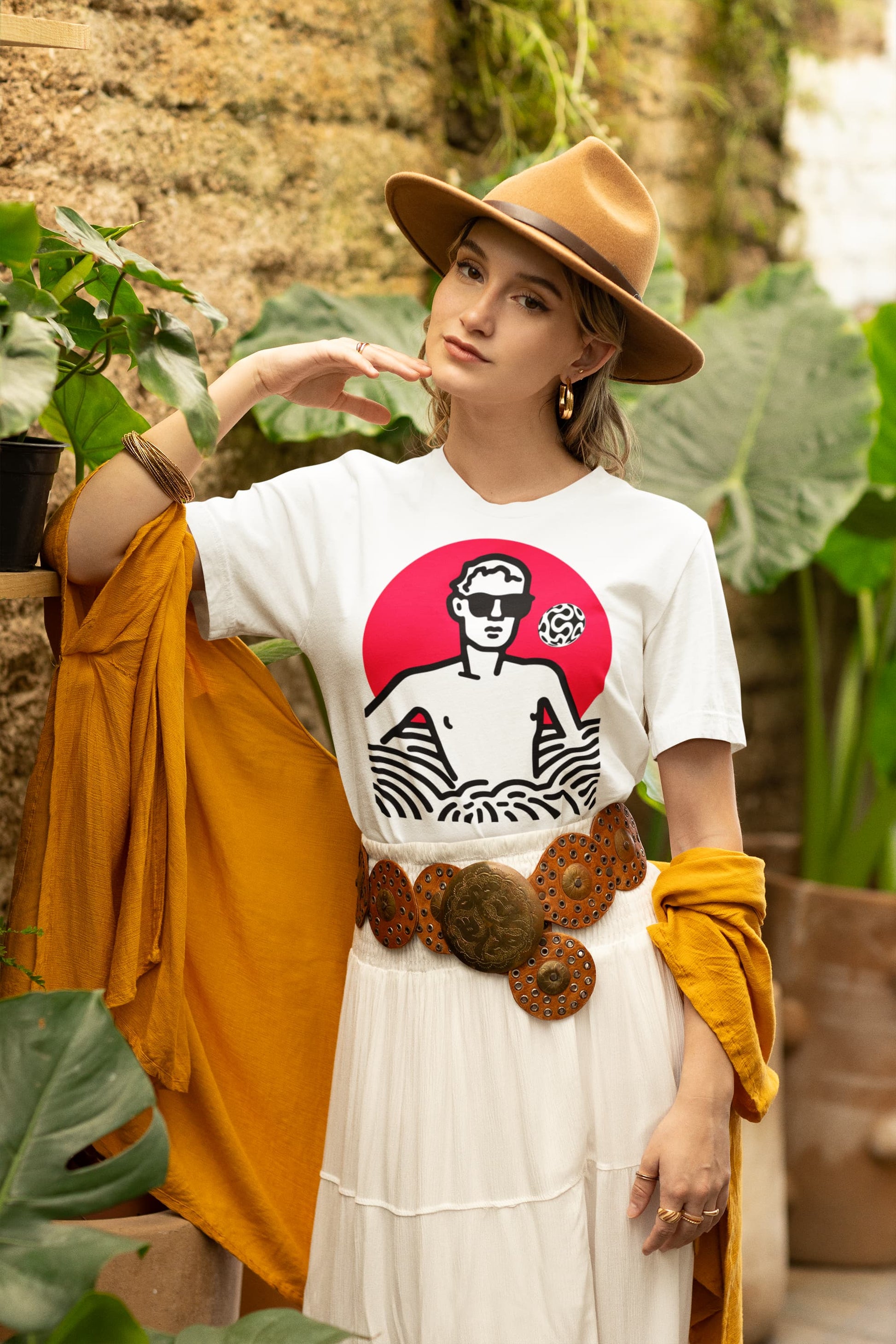 Minimalist graphic tee Red Dawn figure sunglasses red sun stylized waves
