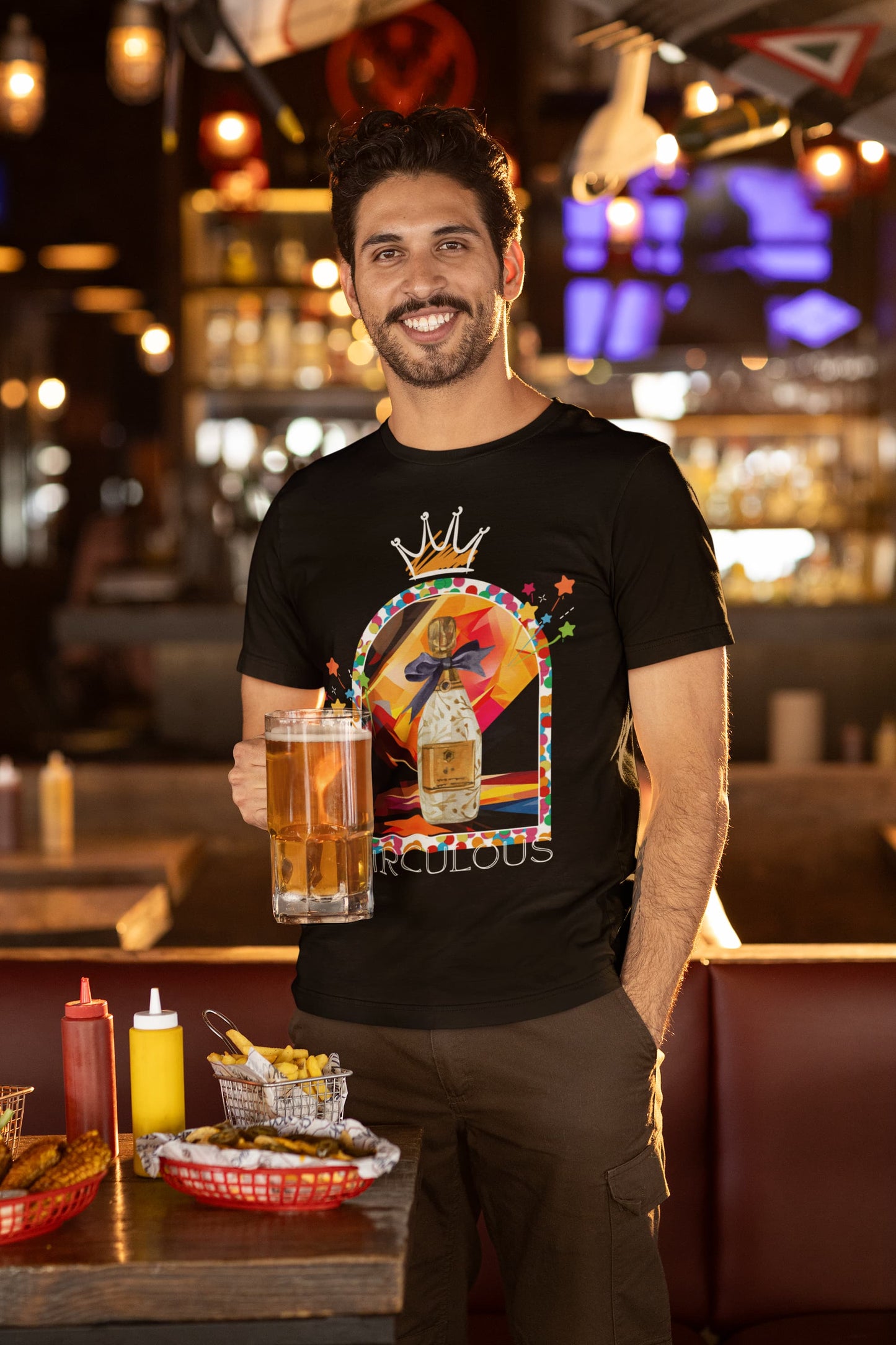 Sip Sensation celebration t-shirt crowned champagne rainbow badge stars
