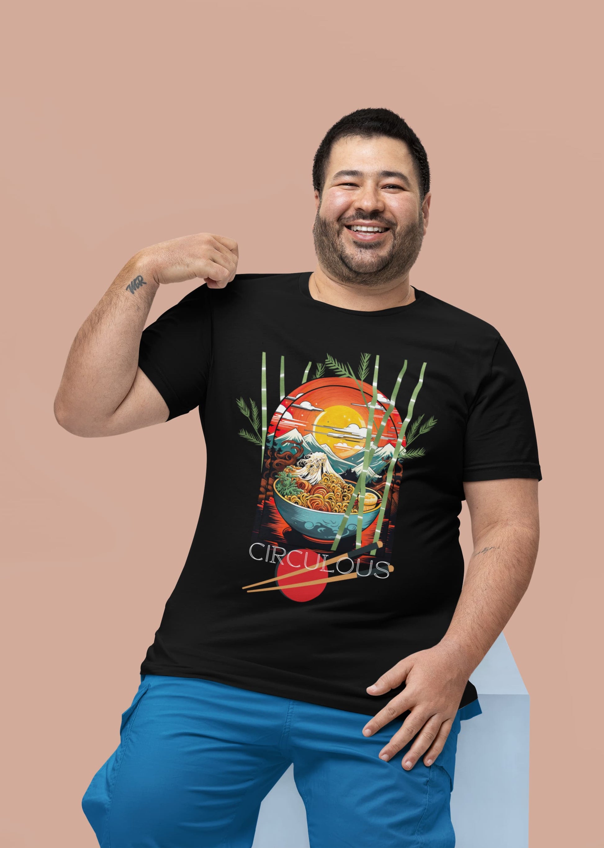 Solar Noodles ramen t-shirt bowl sunset stripes bamboo design
