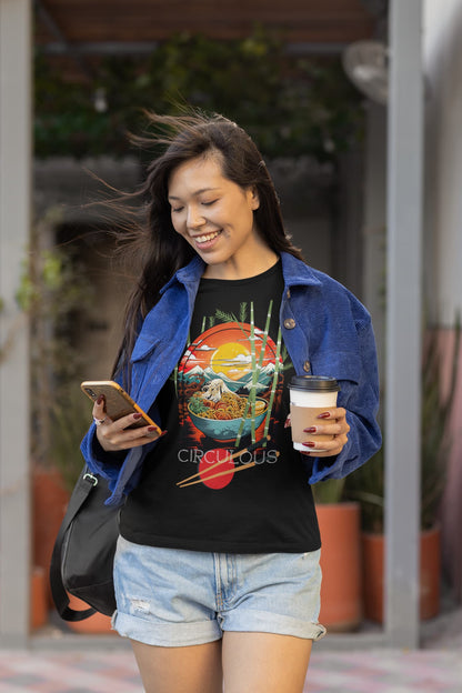 Black graphic tee Solar Noodles japanese sunset ramen chopsticks
