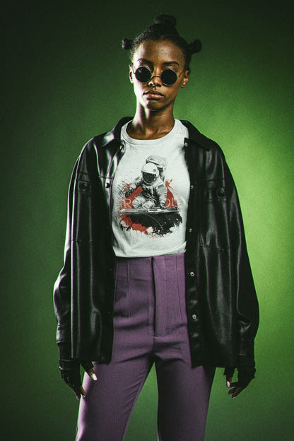 White graphic tee Space Beats cosmic DJ grunge street art
