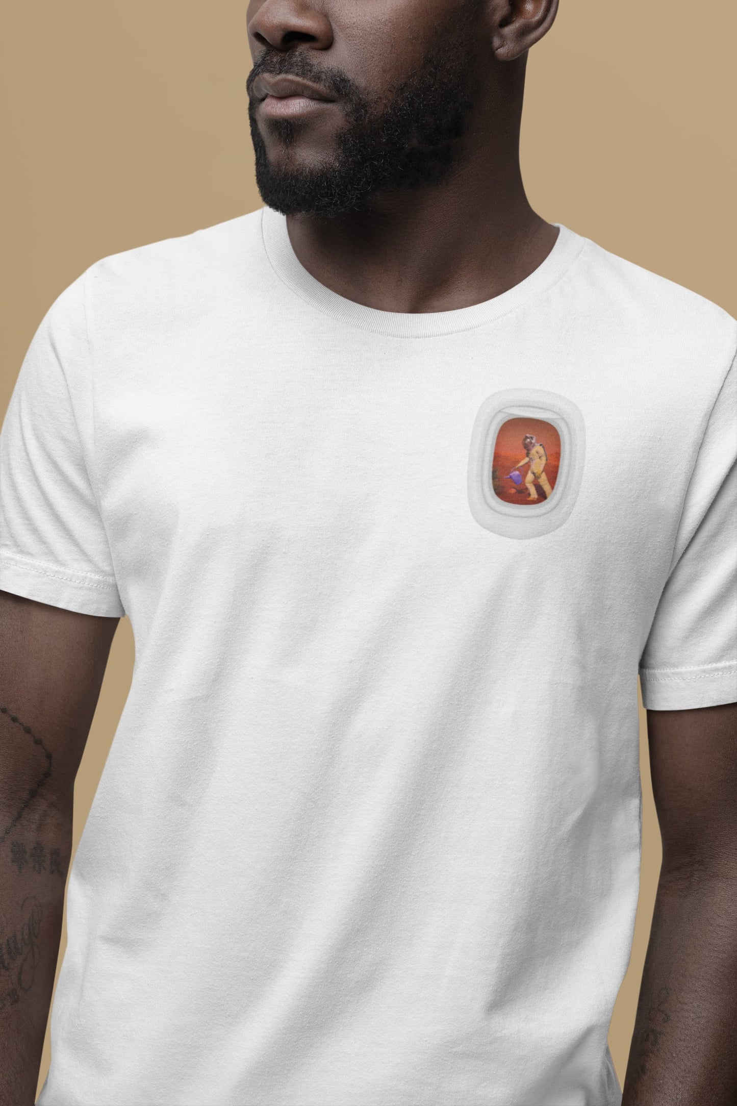 Space Gardener astronaut tee watering plants red planet window view
