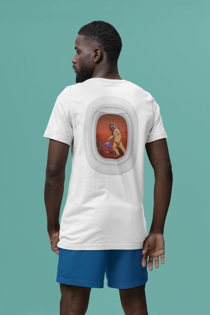 Space Gardener Mars t-shirt astronaut watering plants window view
