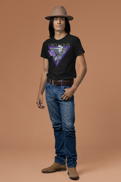 Sci fi graphic tee Space Junkie retro collage neon triangle space elements
