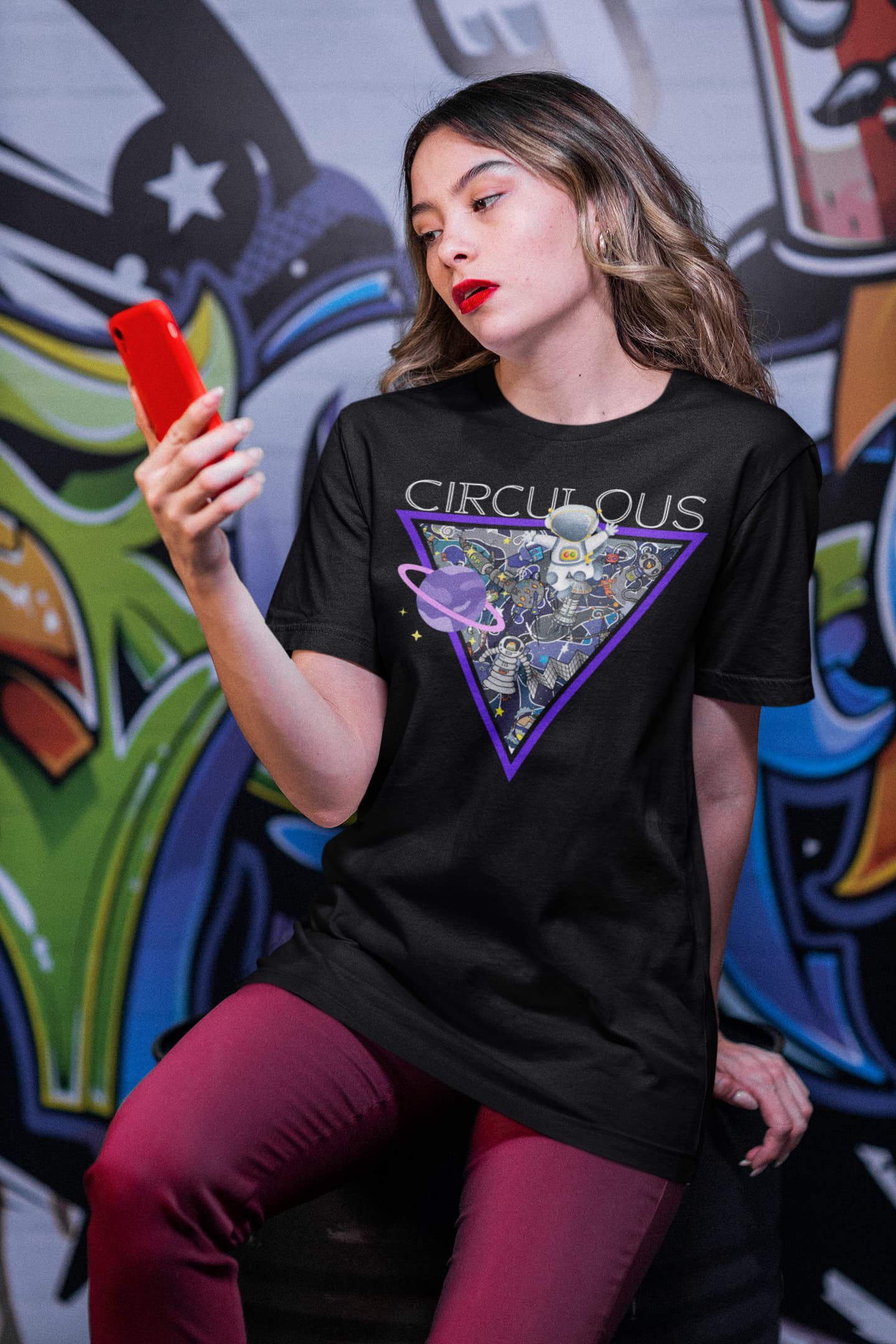 Space Junkie collage t-shirt astronauts skeletons purple triangle chaos
