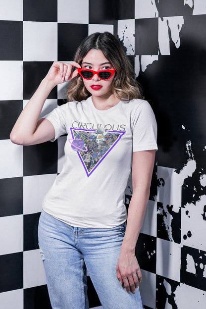 White graphic tee Space Junkie maximalist space cosmic addiction design
