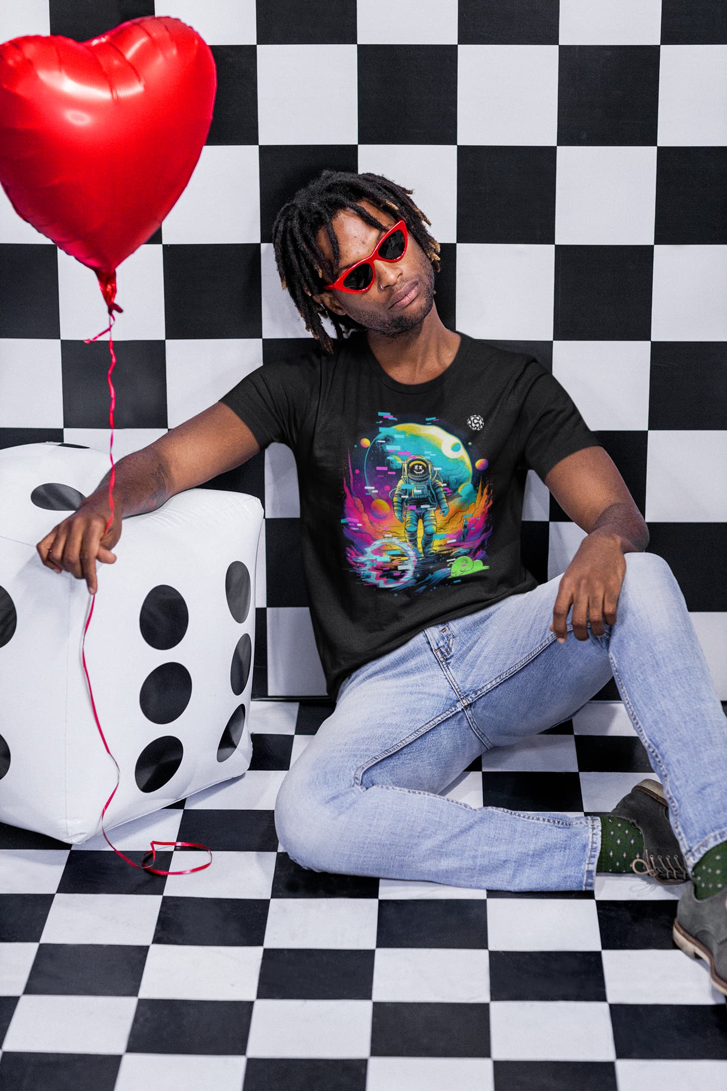 Spacewalker's Delight glitch tee astronaut smiley helmet colorful planet
