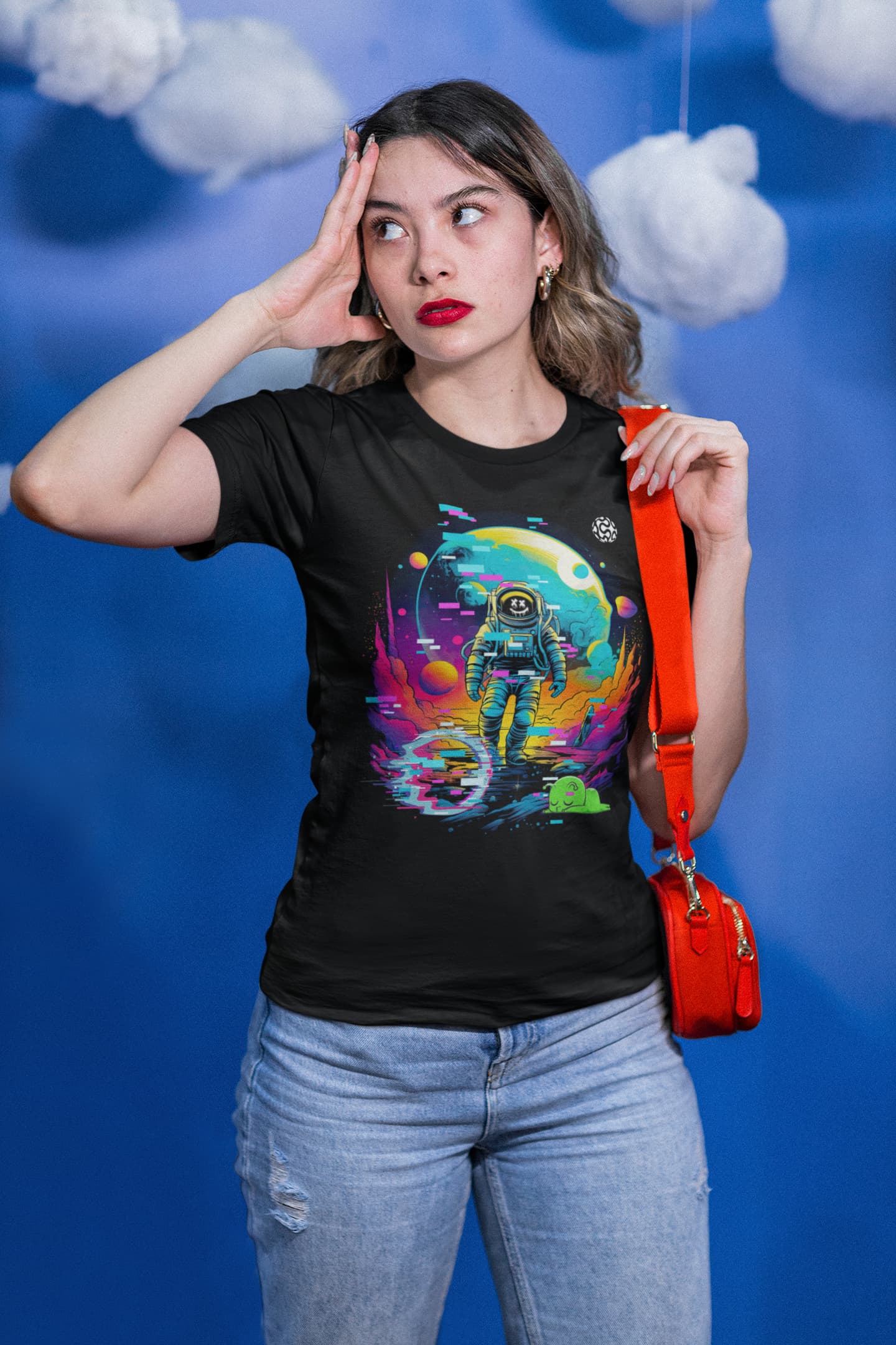 Black graphic tee Spacewalker's Delight vaporwave glitched space art
