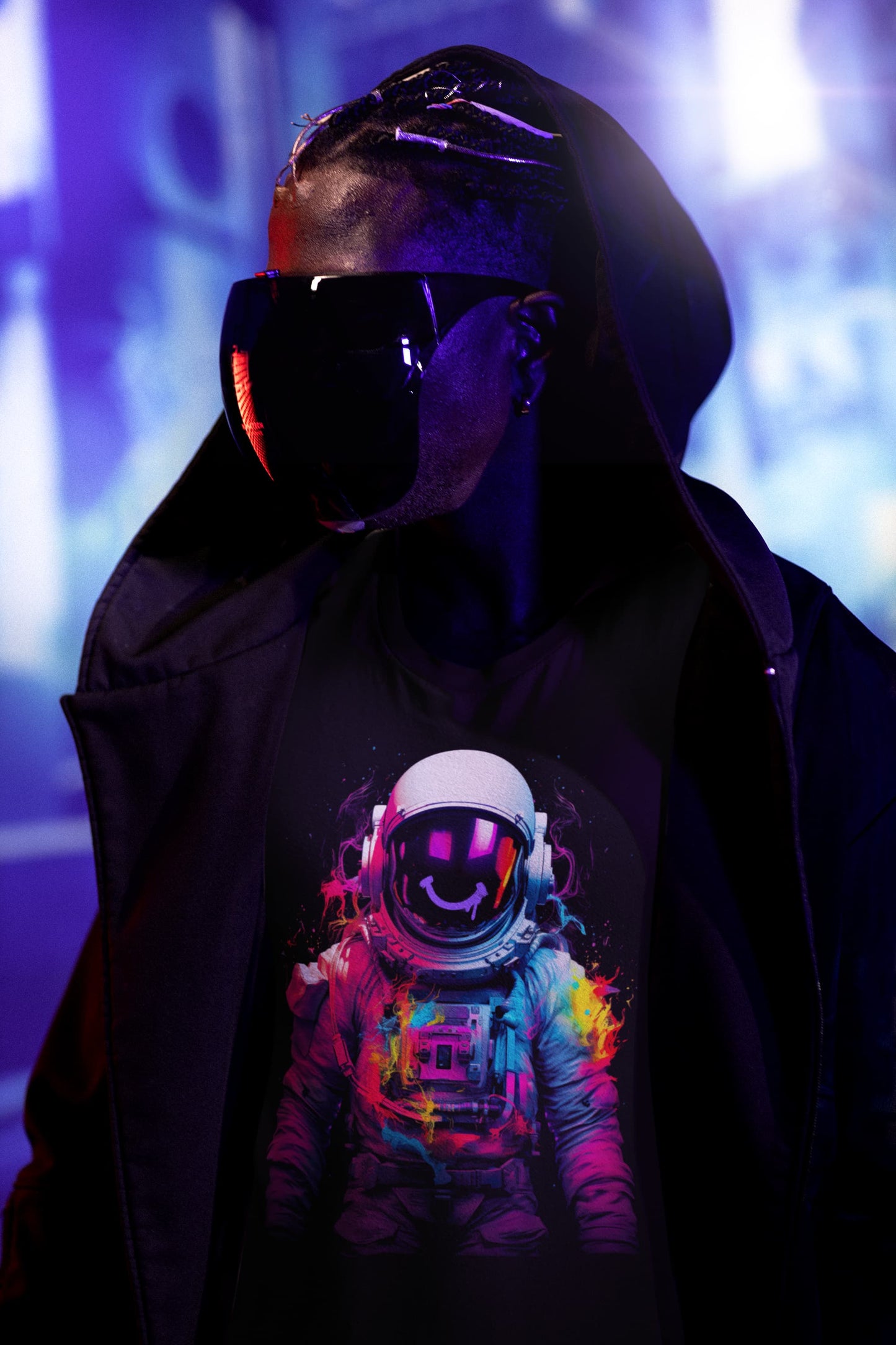 Stellar Happiness smiley tee astronaut helmet psychedelic planet glitch
