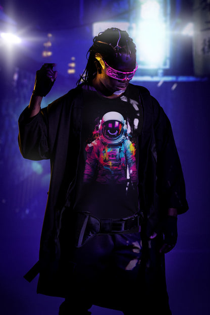 Astronaut graphic tee Stellar Happiness smiley helmet cosmic joy orbs
