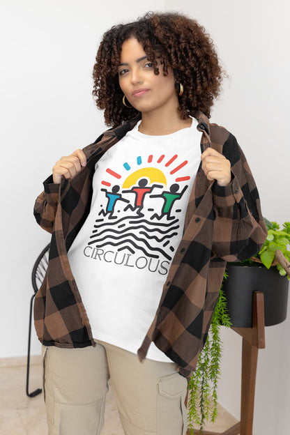 Sunburst Moves dance tee three figures Keith Haring style sun rays
