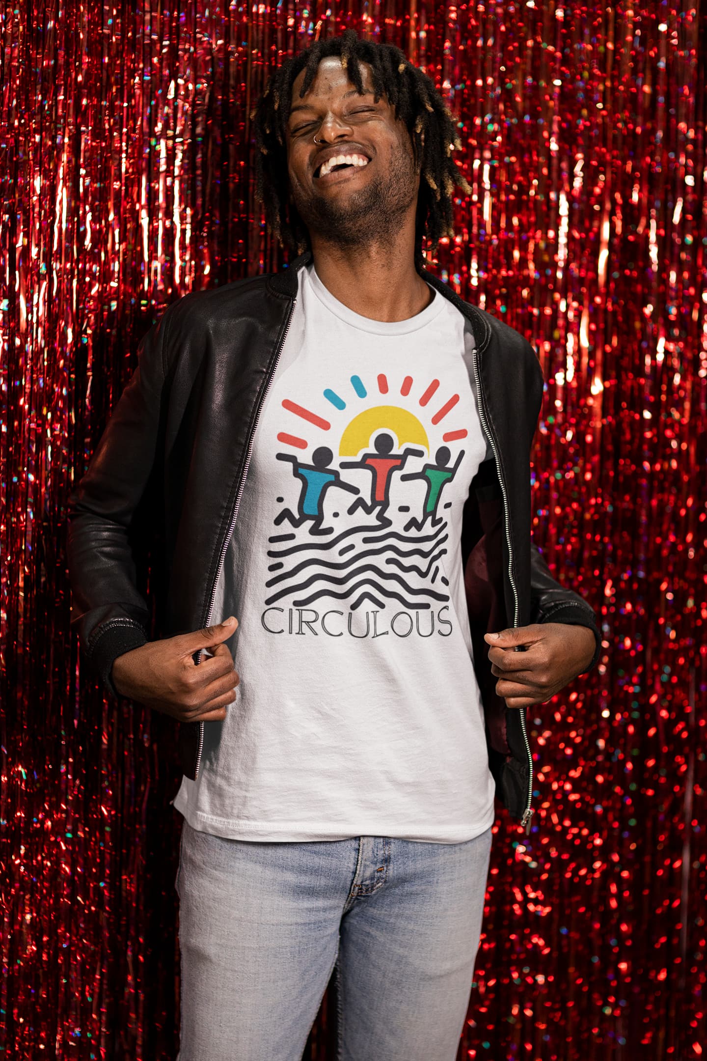 White graphic tee Sunburst Moves pop art dancing celebration design
