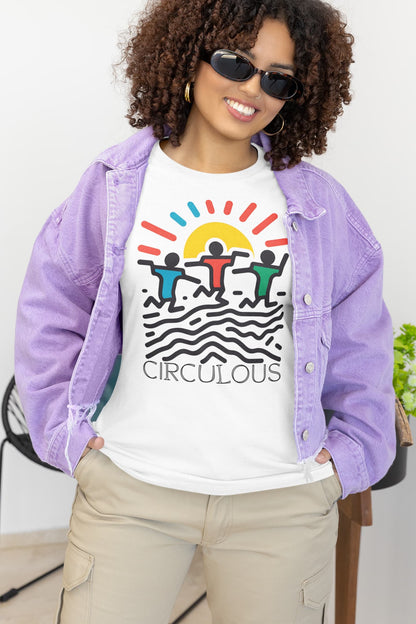 Pop art graphic tee Sunburst Moves sun wavy lines primary colors

