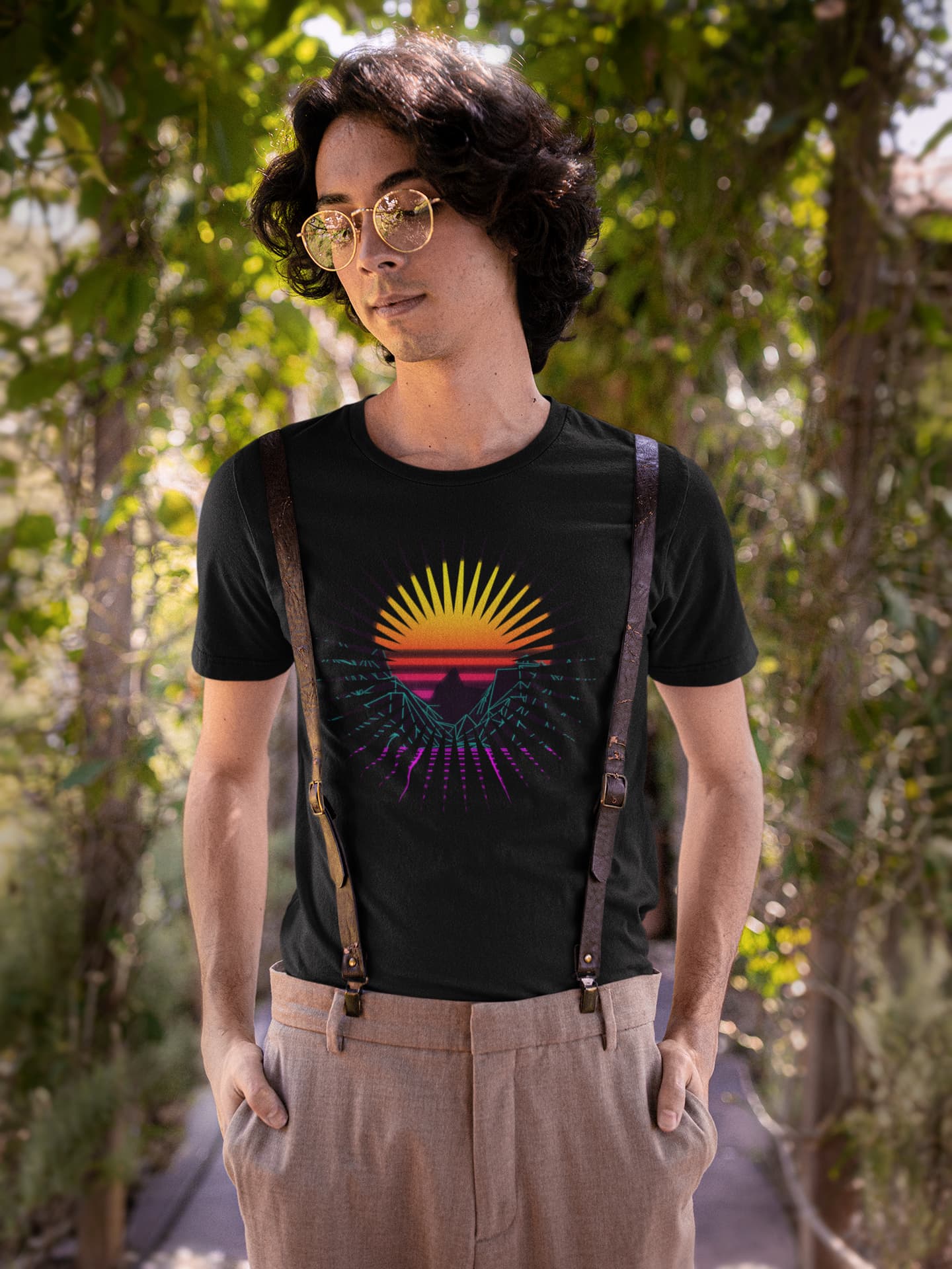 Black graphic tee Sunset Splash gradient stripes geometric synthwave
