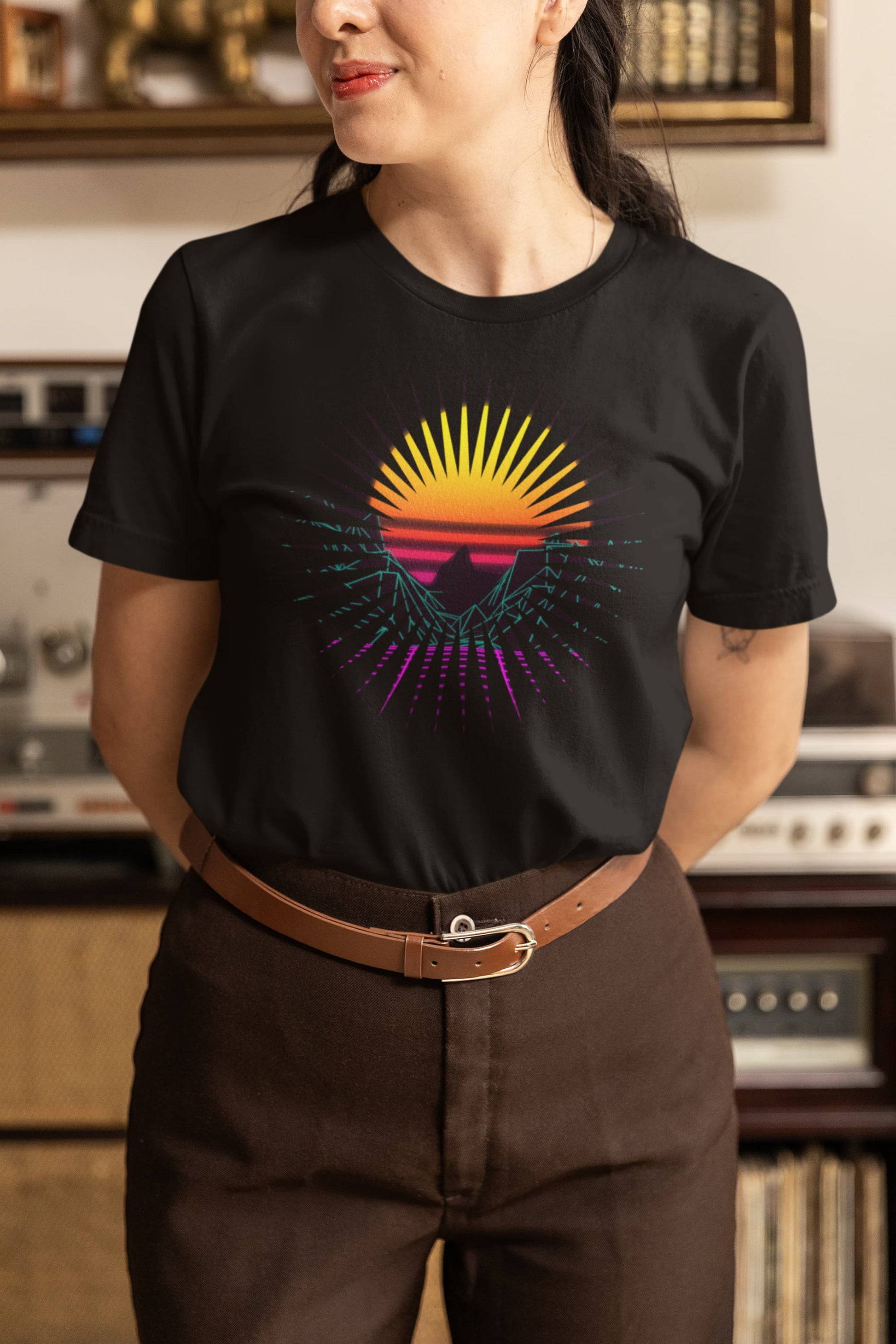 Synthwave graphic tee Sunset Splash neon palm trees sunset rays
