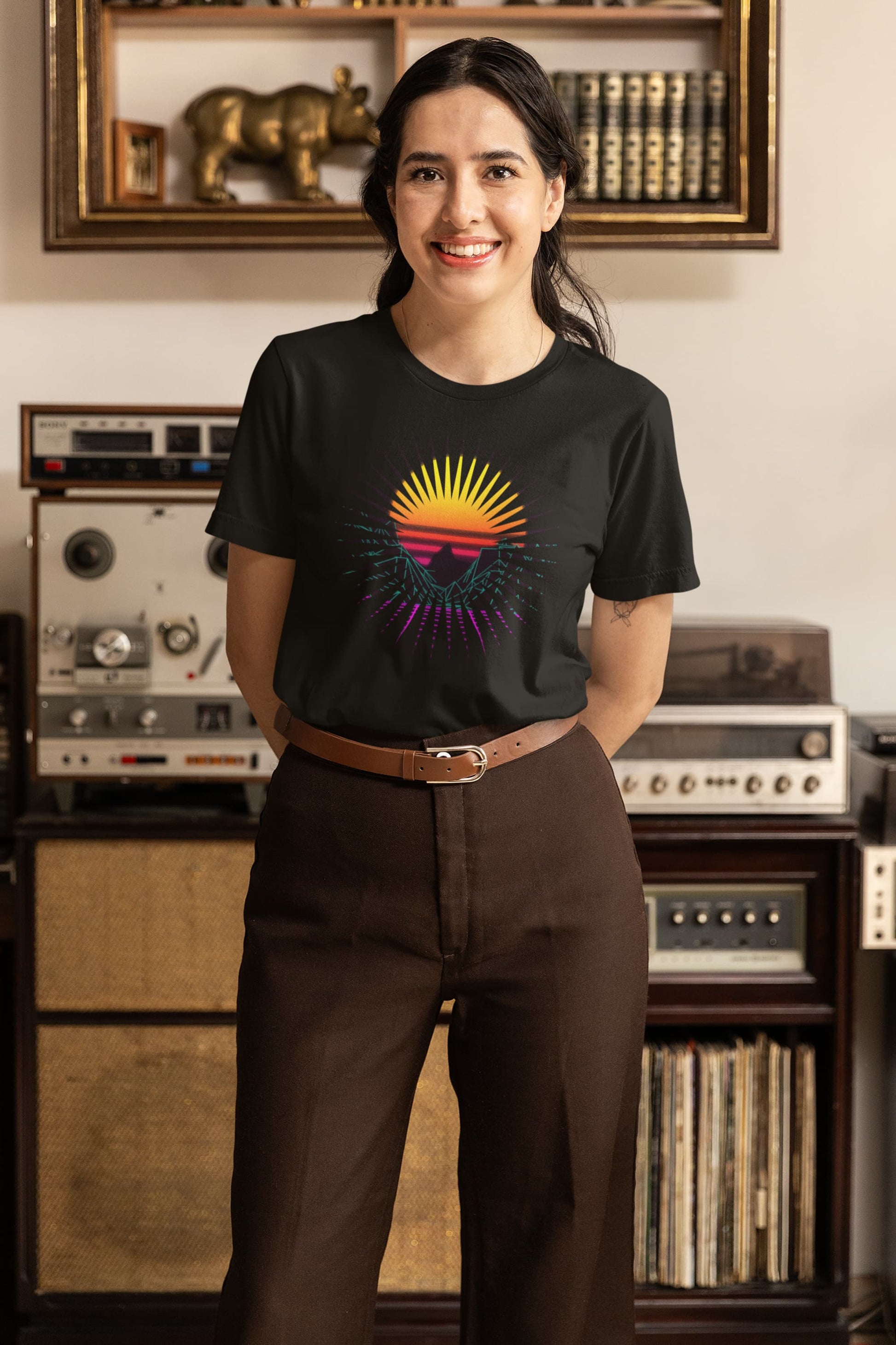 Sunset Splash vaporwave tee retro sunset teal palms purple grid
