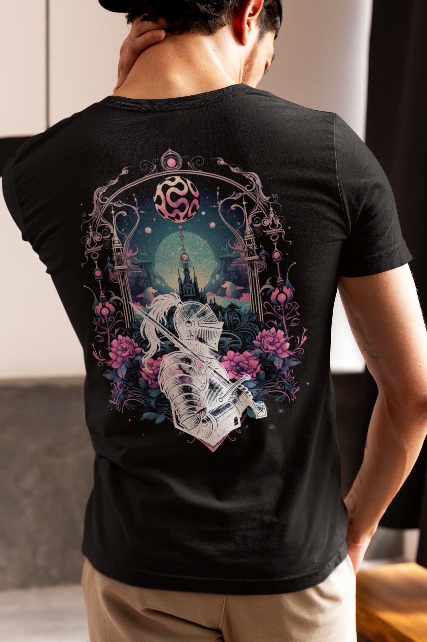 Black back print tee Surreal Kingdom cosmic castle teal moon lotus flowers
