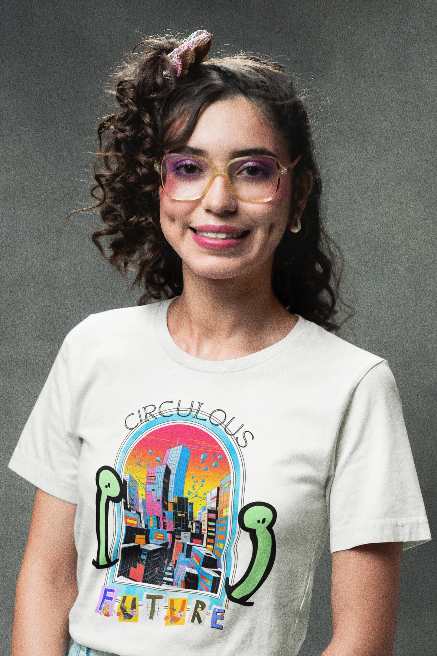White graphic tee Tech Haven guardian creatures colorful megacity portal
