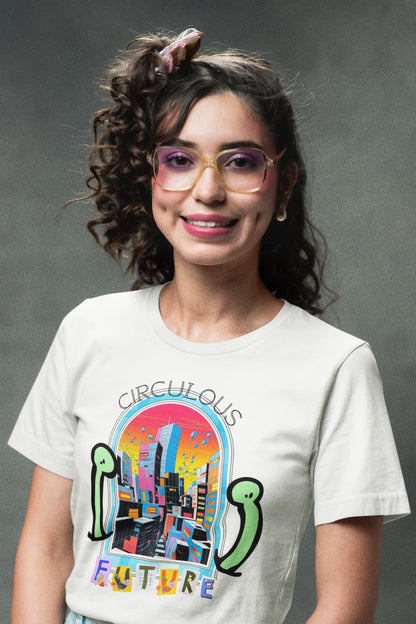White graphic tee Tech Haven guardian creatures colorful megacity portal
