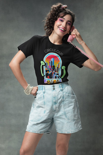 City graphic tee Tech Haven archway portal green creatures future skyline
