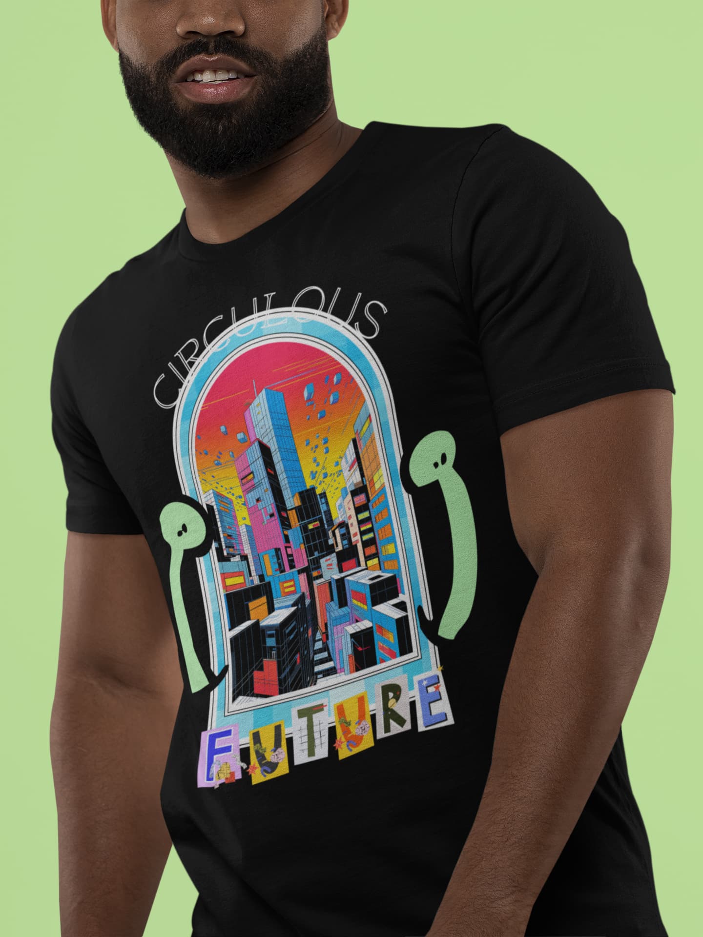 Black graphic tee Tech Haven innovation city pink blue yellow towers
