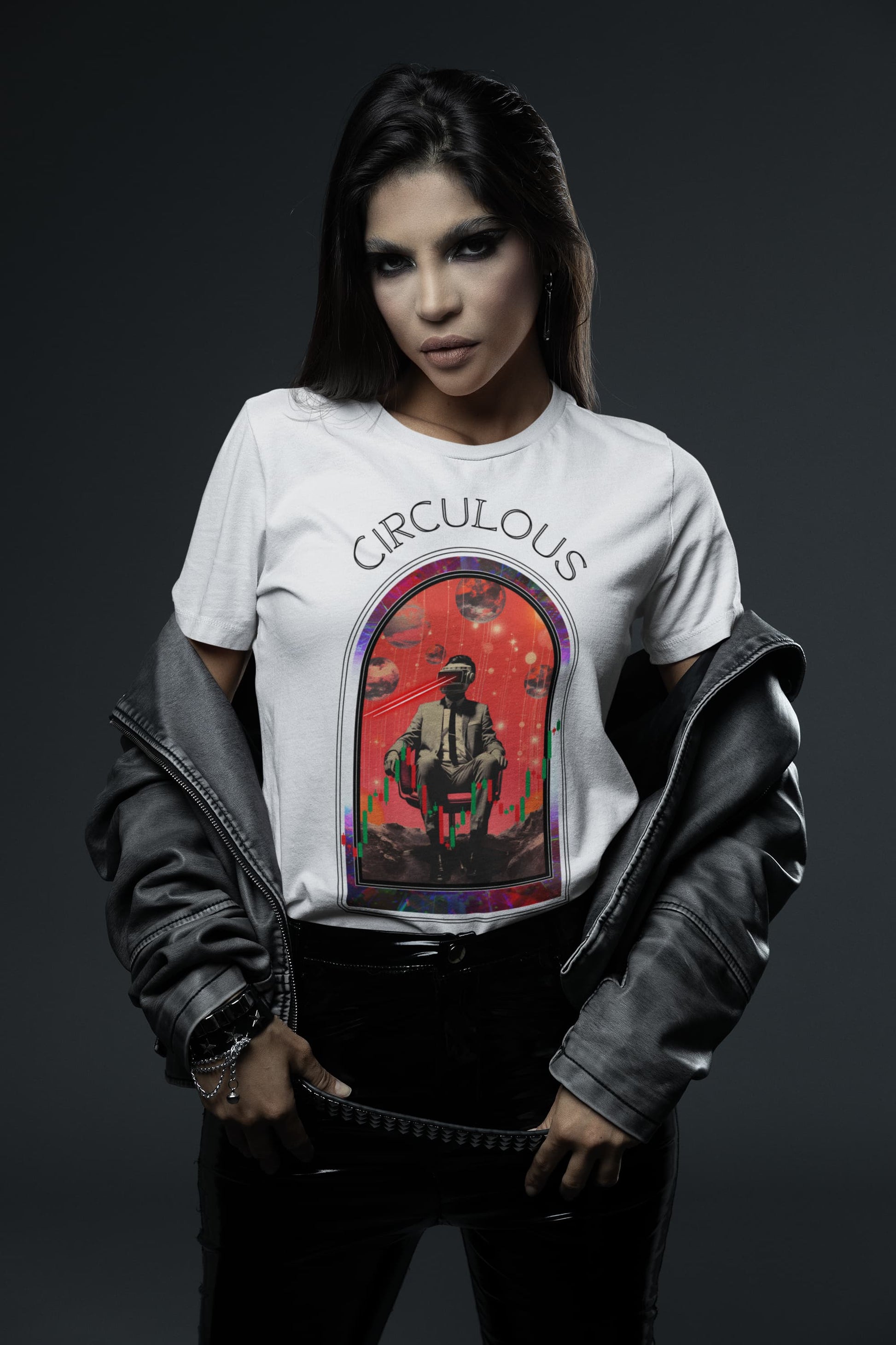 Time Traveler laser eyes tee crypto VR office chair rainbow portal

