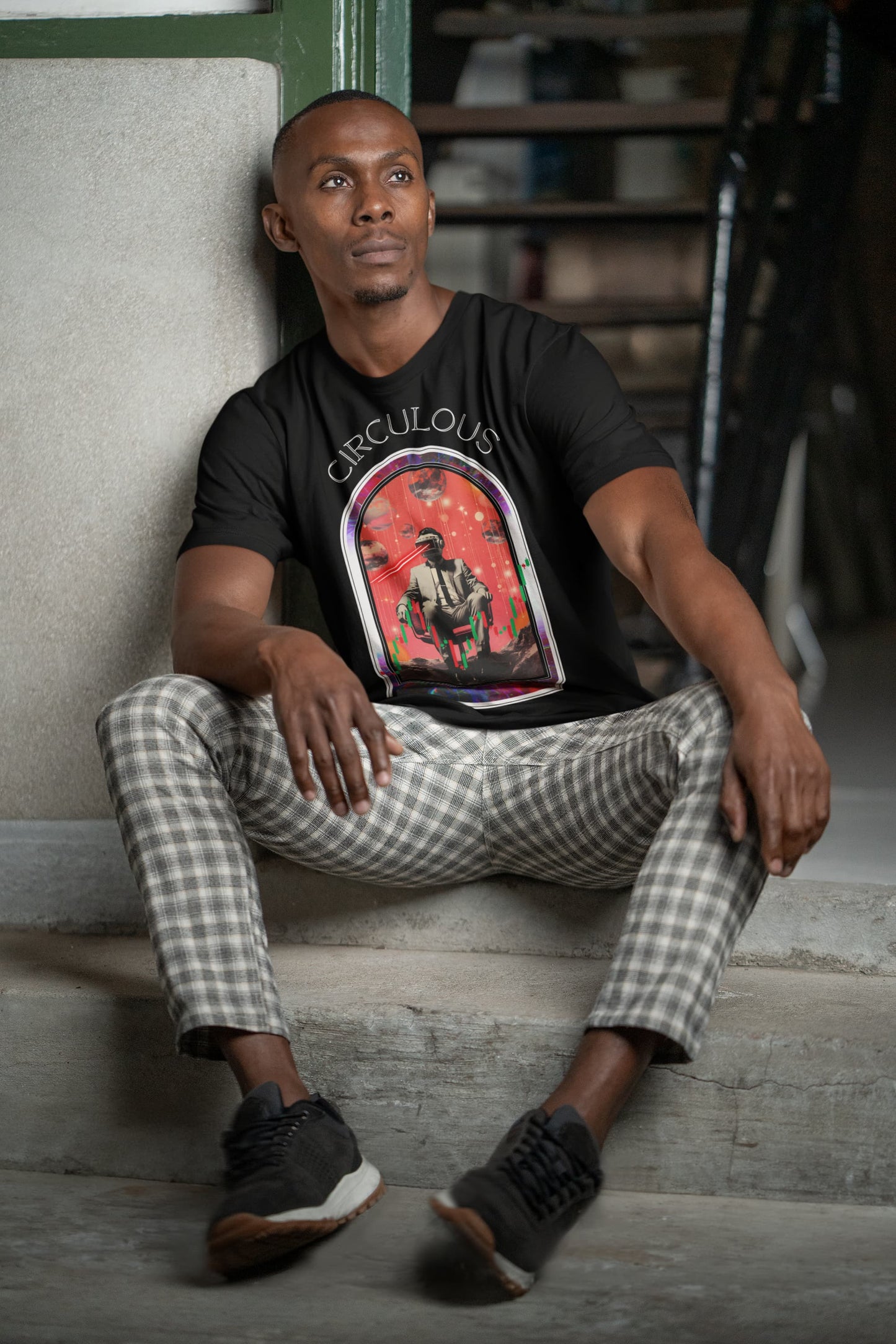 Black graphic tee Time Traveler blockchain charts flowing dimension
