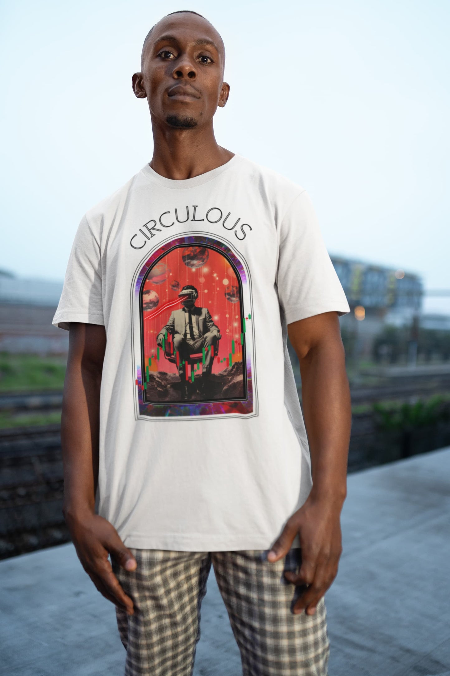 White graphic tee Time Traveler crypto portal rainbow archway VR
