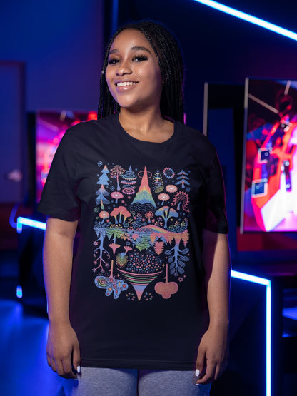 Black graphic tee Trippy Trees whimsical mushrooms decorative botanical
