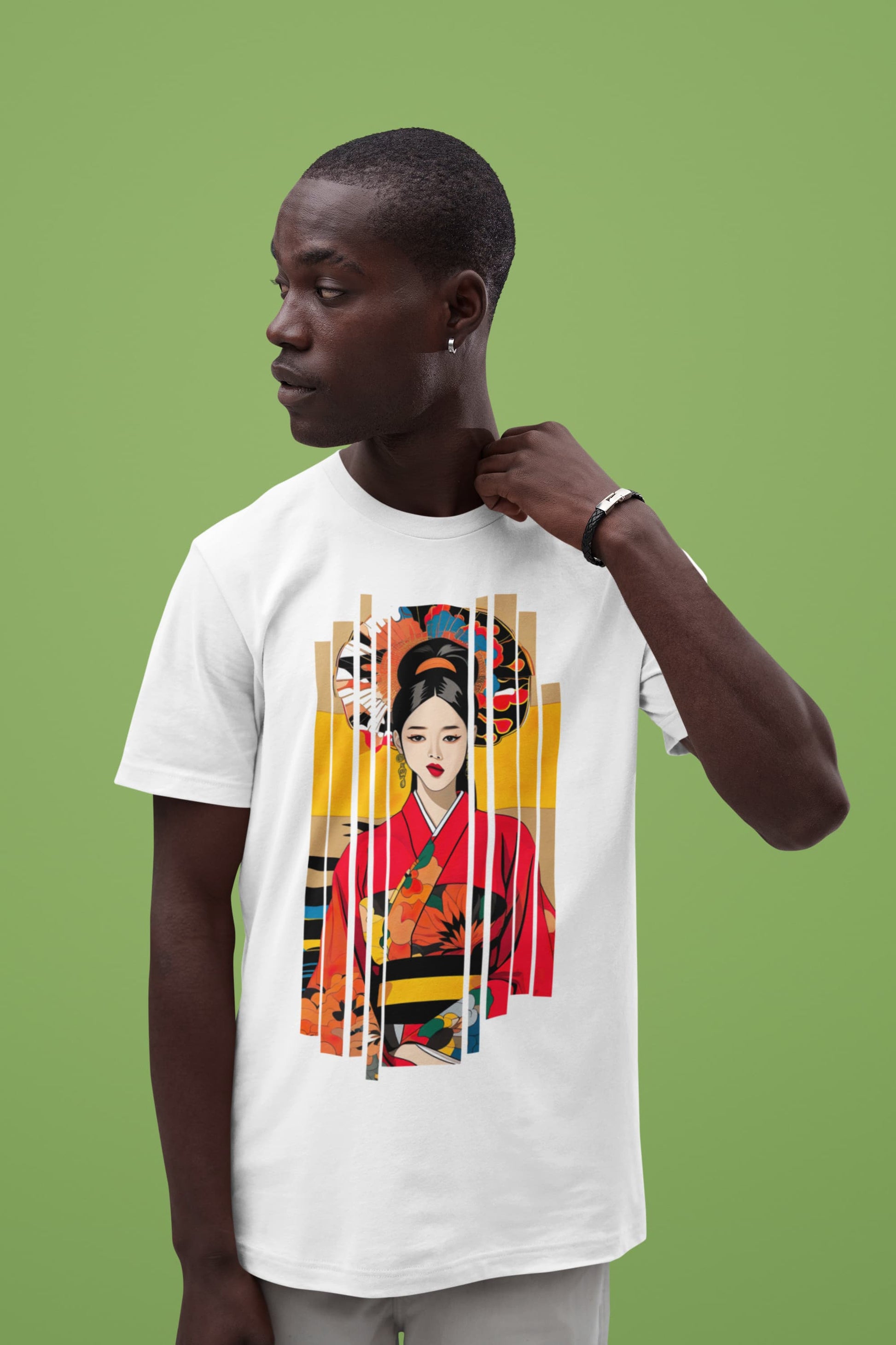 Japanese graphic tee Urban Vogue fragmented kimono geometric bands
