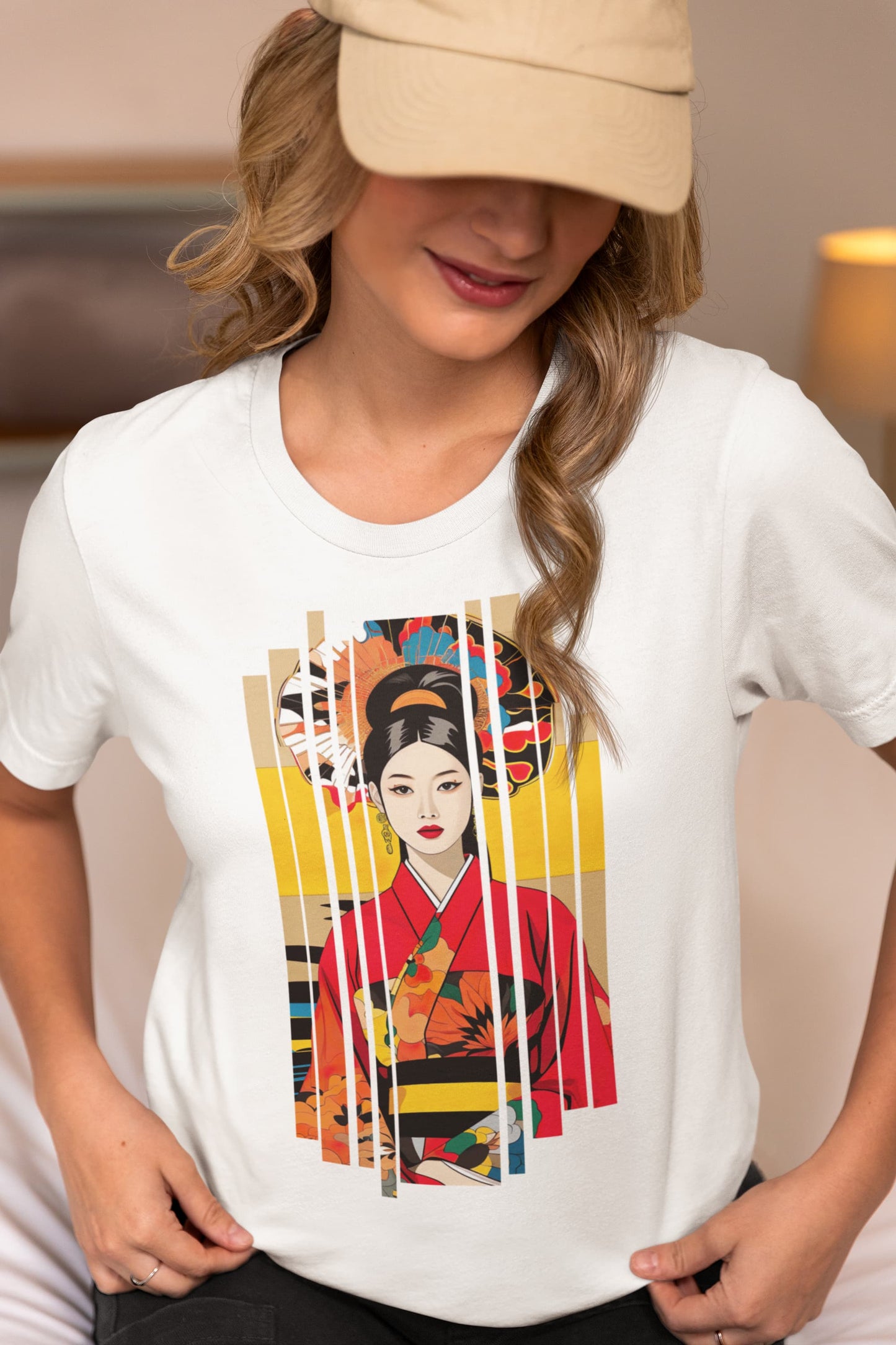Urban Vogue kimono t-shirt red traditional woman geometric fragmented
