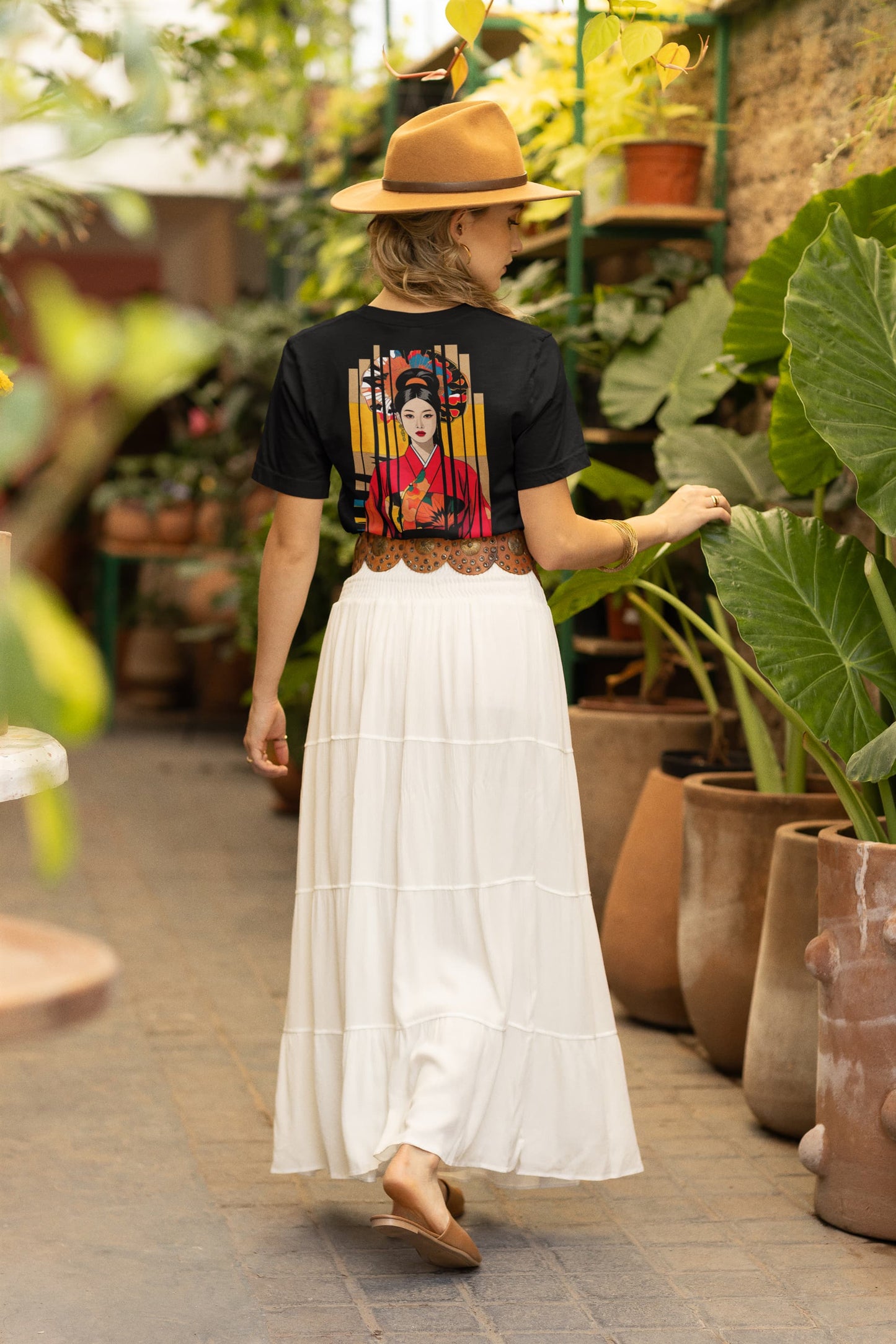 Urban Vogue cultural tee kimono woman geometric stripe collage black back print graphic
