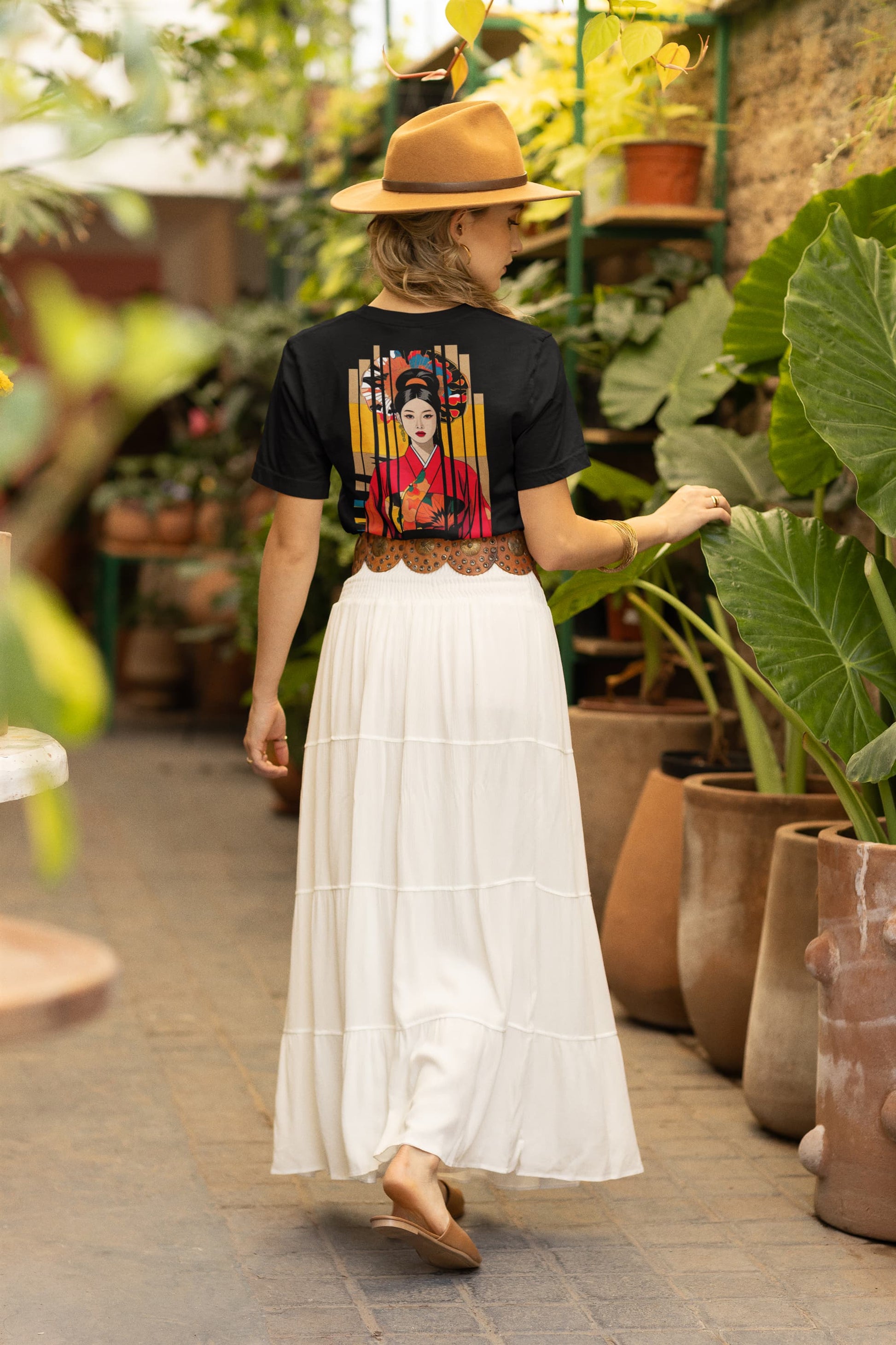 Urban Vogue cultural tee kimono woman geometric stripe collage black back print graphic
