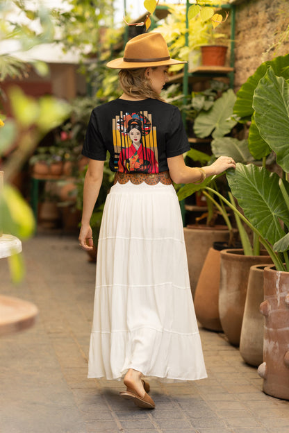 Urban Vogue cultural tee kimono woman geometric stripe collage black back print graphic
