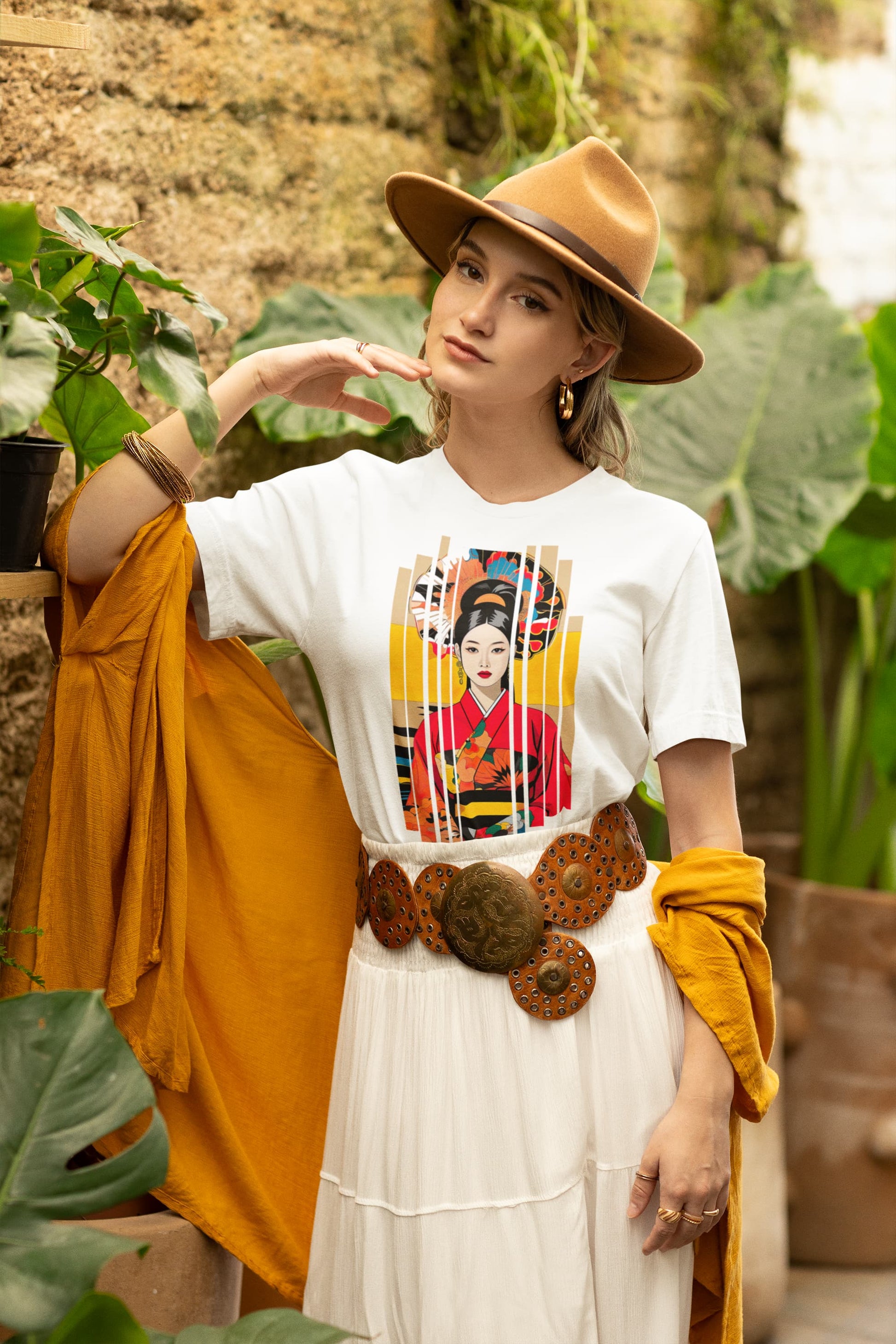 Urban Vogue traditional tee red kimono elegant woman modern fragmentation
