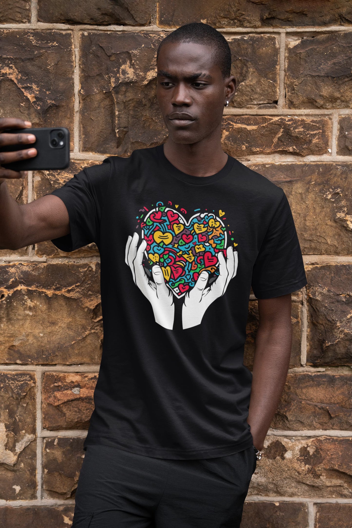 Black graphic tee Vibrant Love multicolor hearts street art chaos
