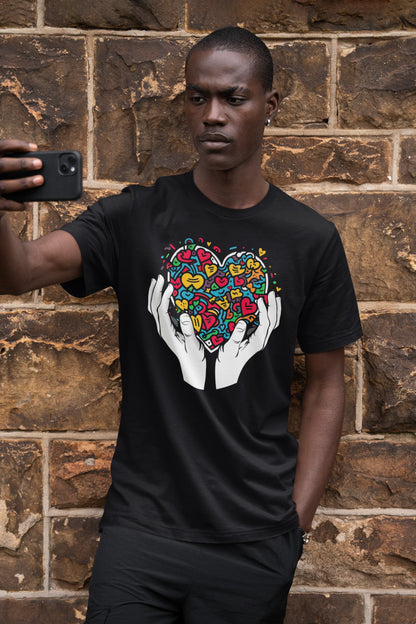 Black graphic tee Vibrant Love multicolor hearts street art chaos
