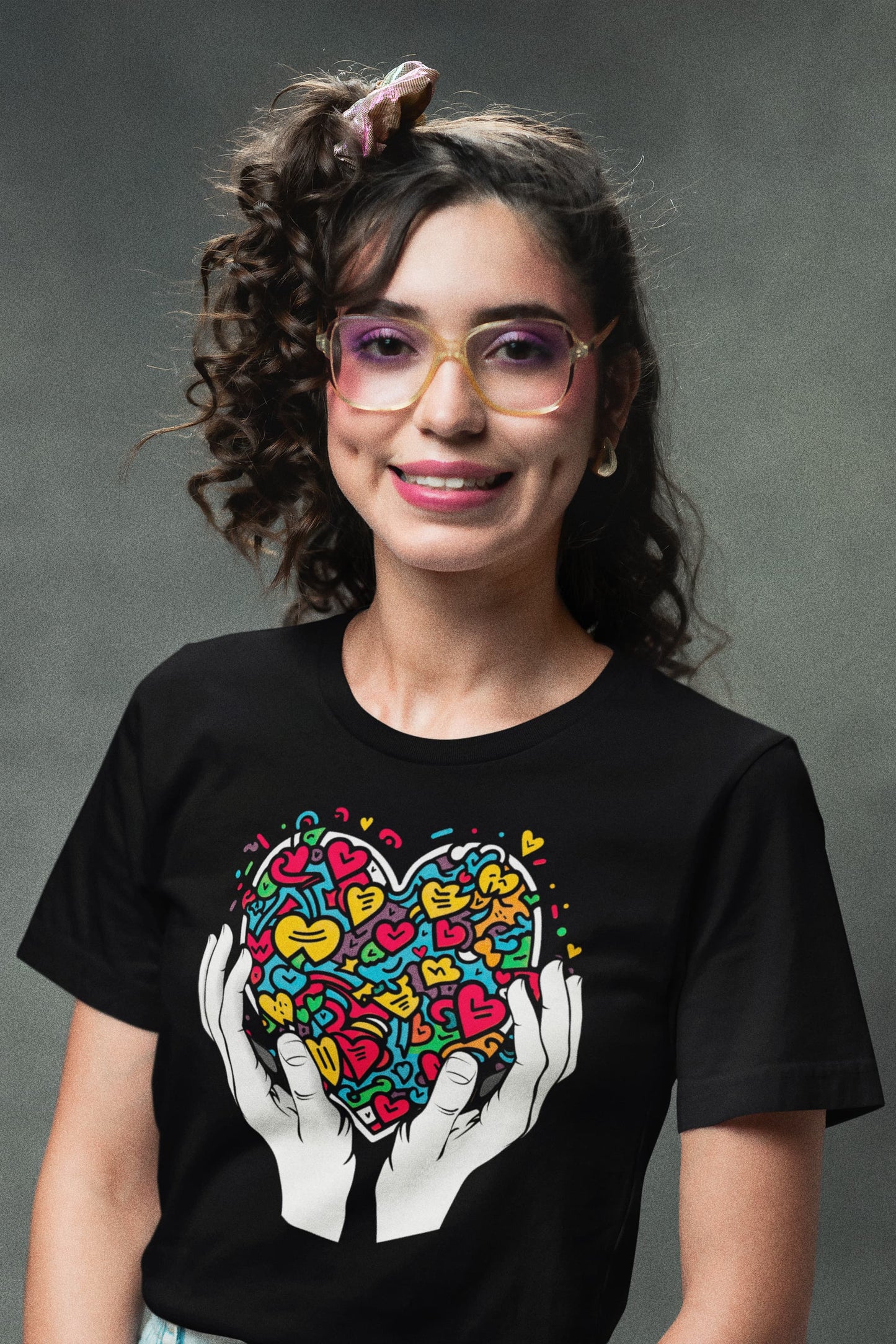 Heart graphic tee Vibrant Love purple yellow blue green orange hearts
