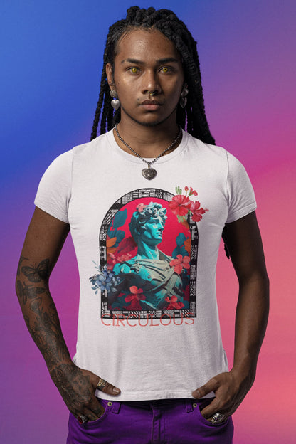 White graphic tee Victorious Legacy vaporwave David pink background flowers
