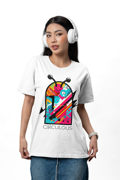 Visual Vibes character tee geometric diagonal stripes smiley lightning
