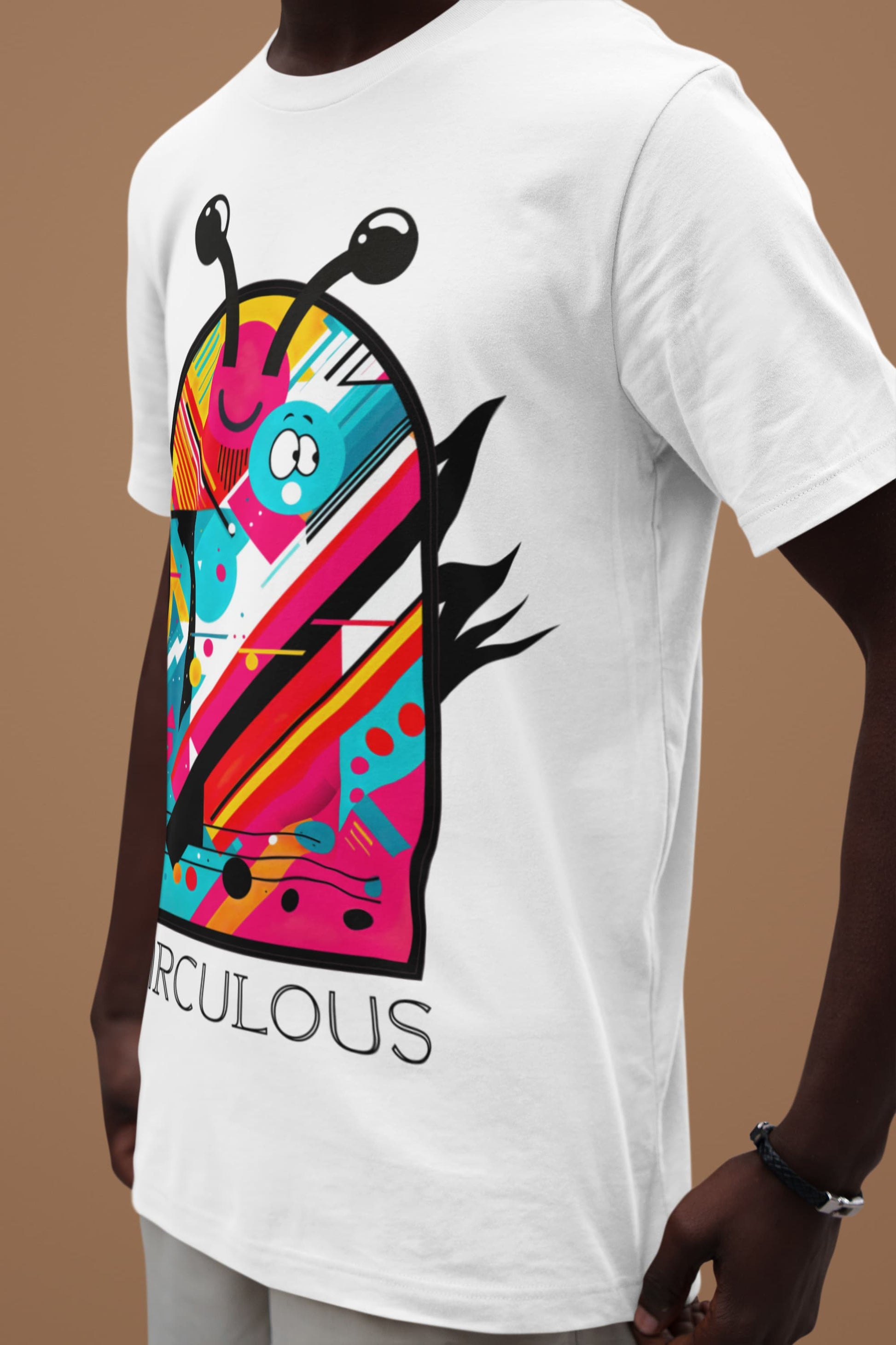 Visual Vibes pop art tee geometric character smiley face lightning bolts
