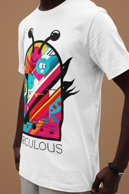 Visual Vibes pop art tee geometric character smiley face lightning bolts
