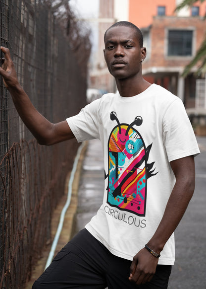 Abstract graphic tee Visual Vibes diagonal stripes pink yellow teal red
